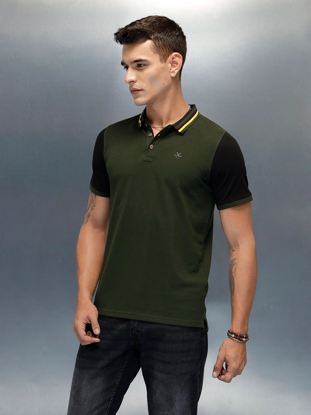 Colourblock Causal Men's Polo Neck T-Shirt | Olive - Image 4