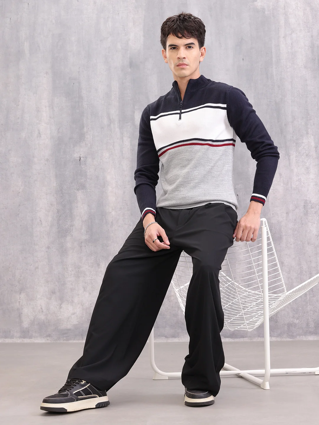 Colourblock Half Zipper Pullover Sweater | Navy Blue - Image 2