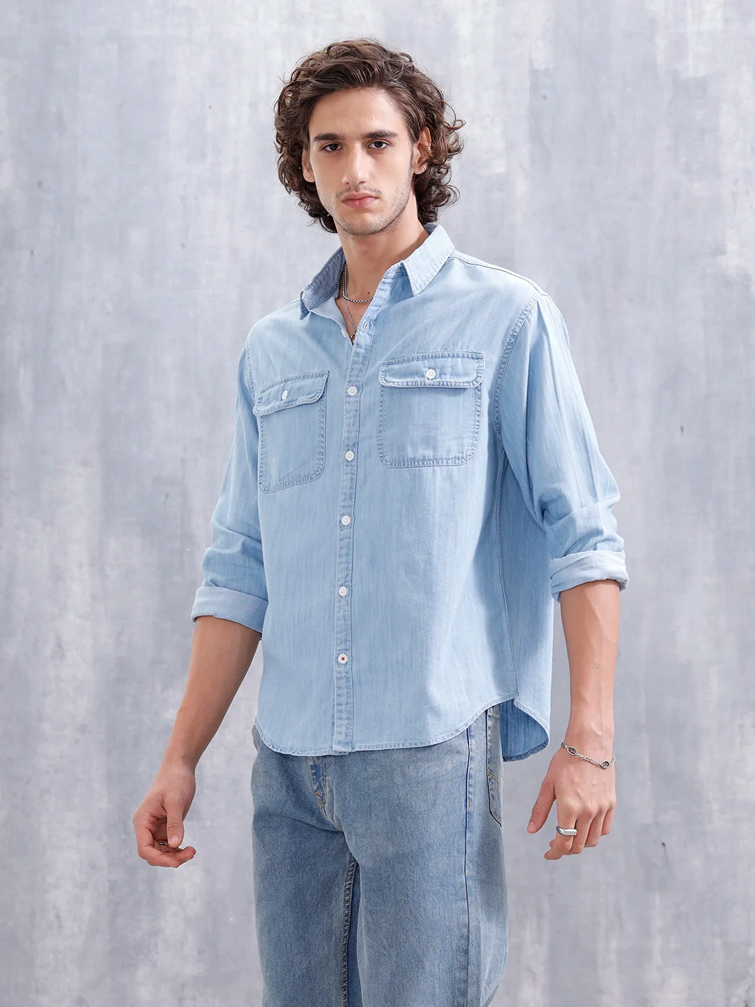 Comfort Fit Double Pocket Solid Shirt | Blue - Image 4