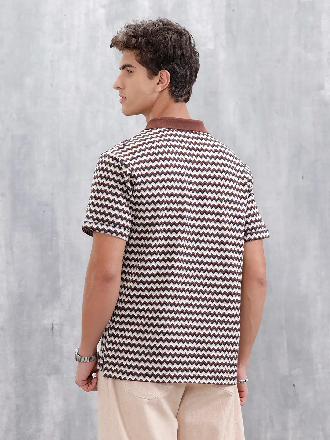 Comfort Fit Geometric Jacquard Polo | Brown - Image 3