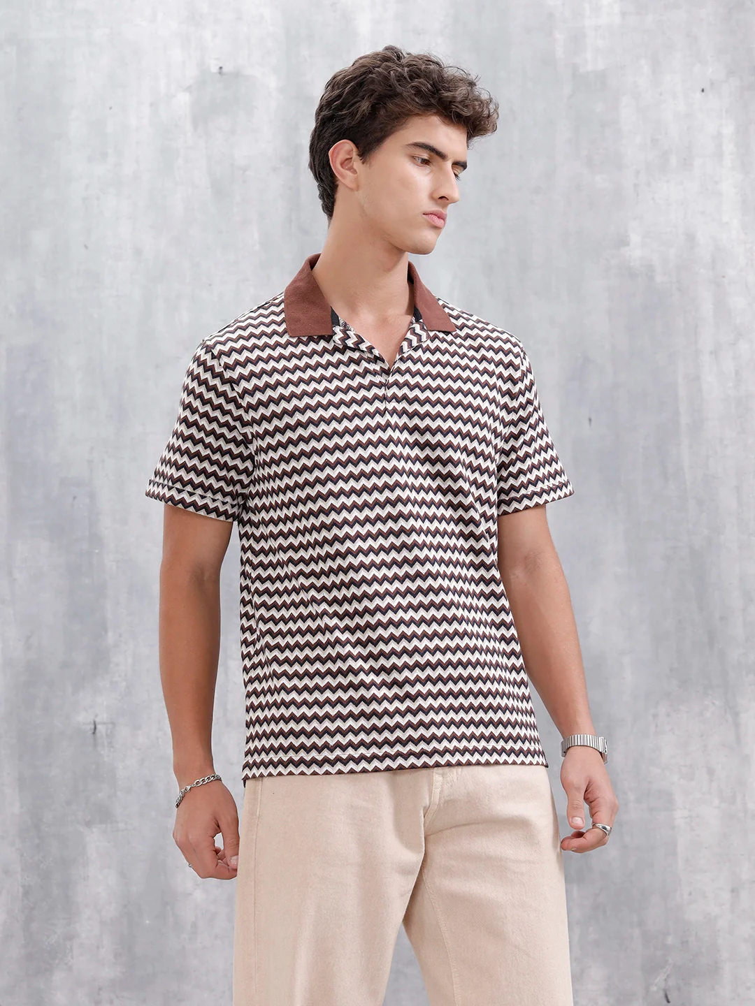 Comfort Fit Geometric Jacquard Polo | Brown - Image 4