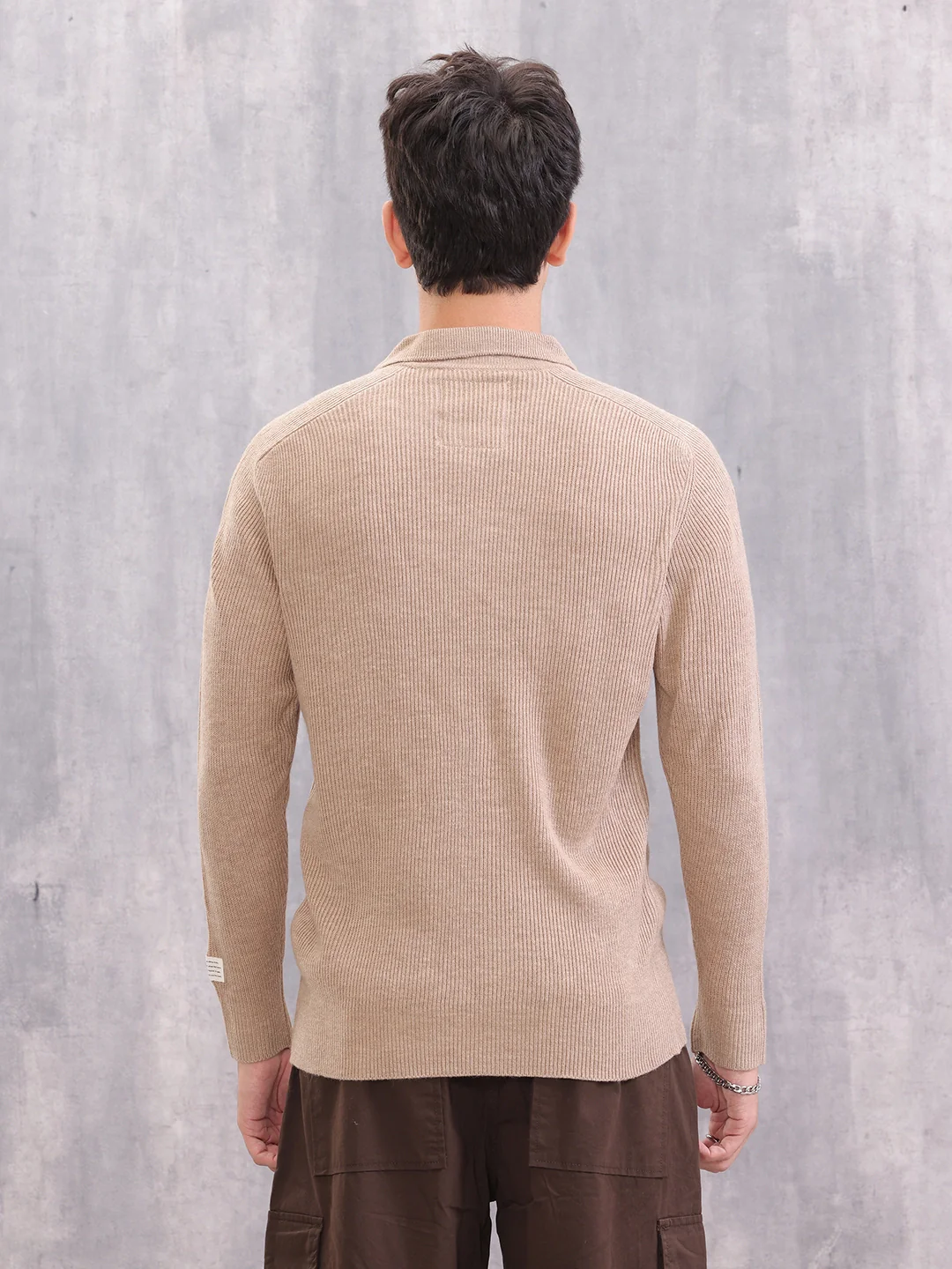 Comfort Fit Rib Sweater With Collar I Beige - Image 3