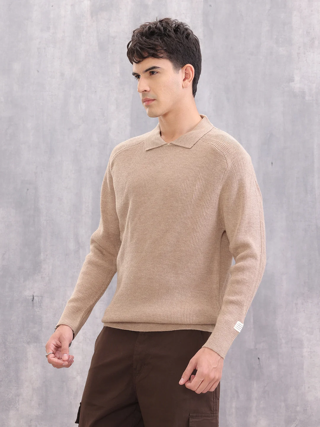 Comfort Fit Rib Sweater With Collar I Beige - Image 4