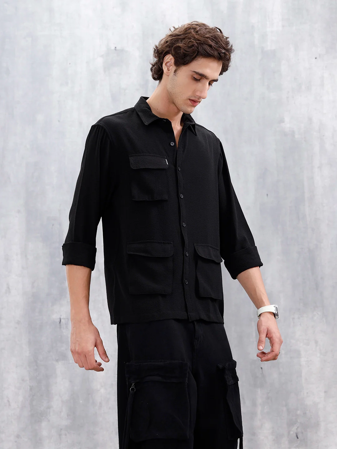 Comfort Fit Solid Shirt With Utility Pockets | Black - Image 4