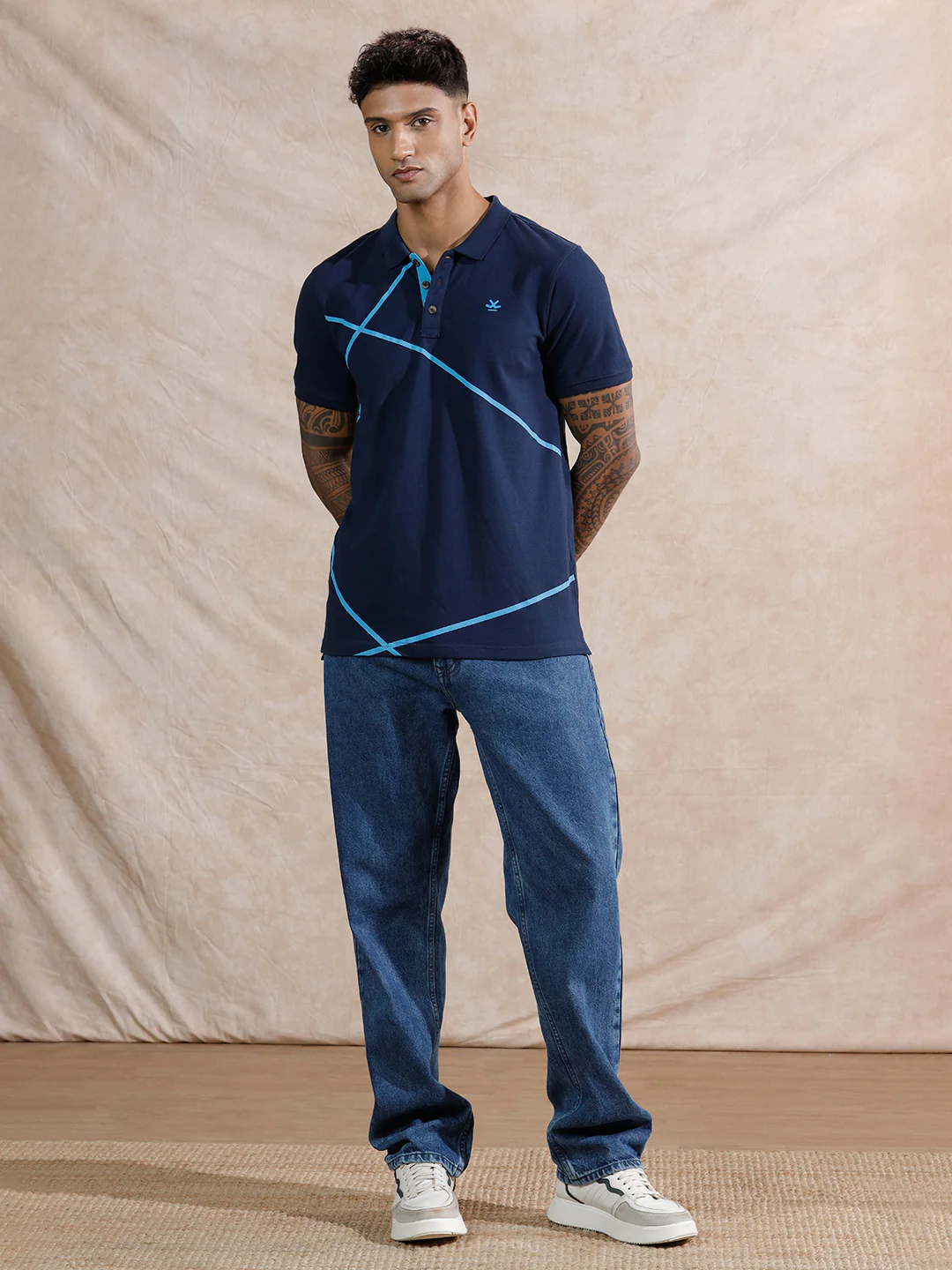 Contrast Abstract Lines Polo T-Shirt  | Navy Blue - Image 2