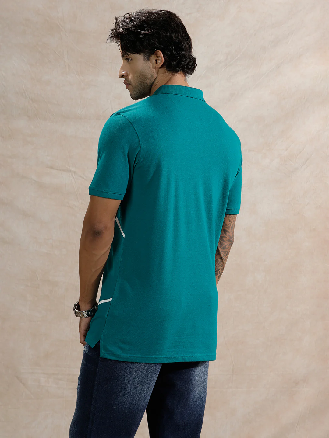 Contrast Abstract Lines Polo T-Shirt | Teal - Image 3