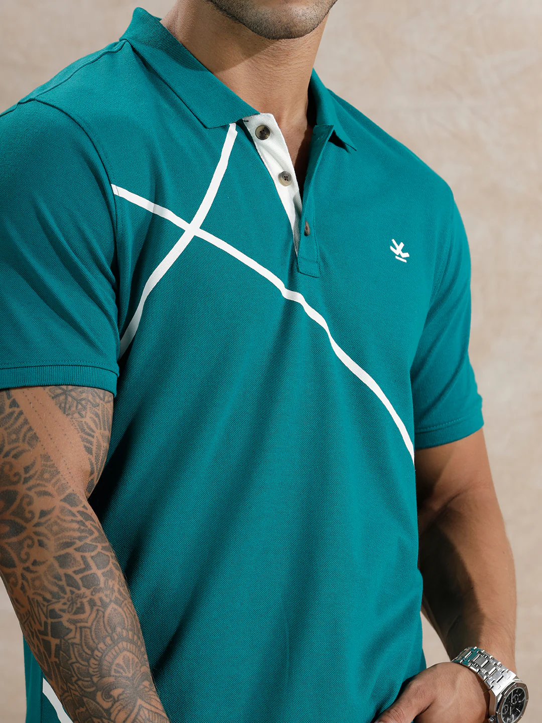 Contrast Abstract Lines Polo T-Shirt | Teal - Image 5