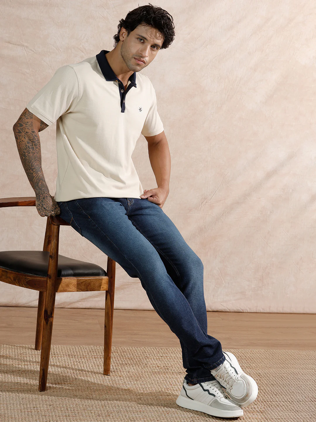 Contrast Collar Slim Fit Polo T-Shirt | Beige - Image 2