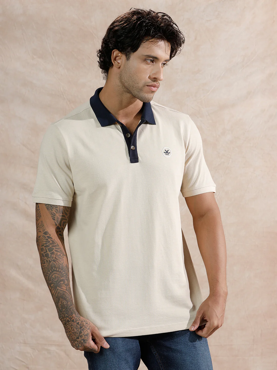 Contrast Collar Slim Fit Polo T-Shirt | Beige - Image 4