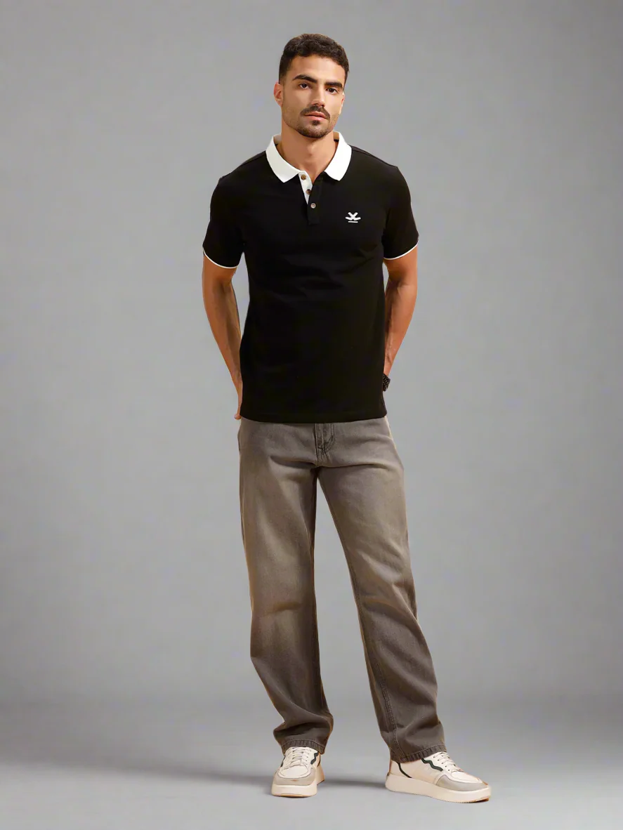 Contrast Collar Slim Fit Polo T-Shirt | Black - Image 2
