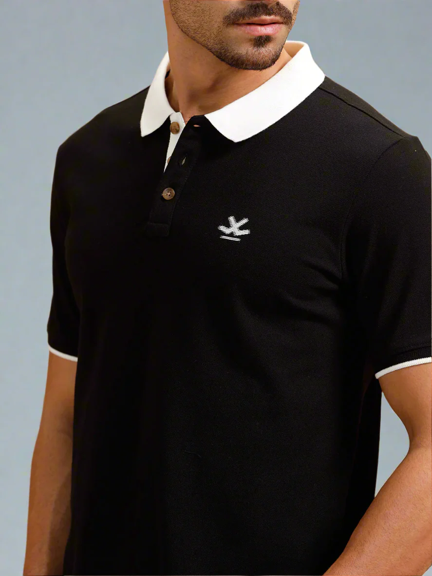Contrast Collar Slim Fit Polo T-Shirt | Black - Image 4