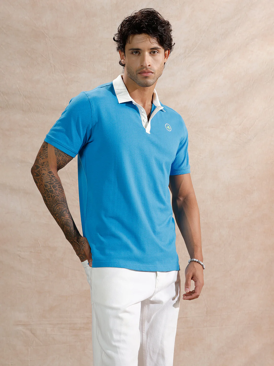 Contrast Collar Slim Fit Polo T-Shirt | Blue - Image 4