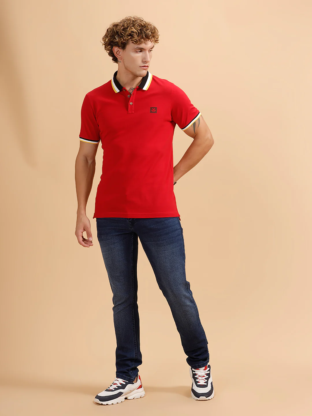 Contrast Collar Slim Fit Polo T-Shirt | Red - Image 2