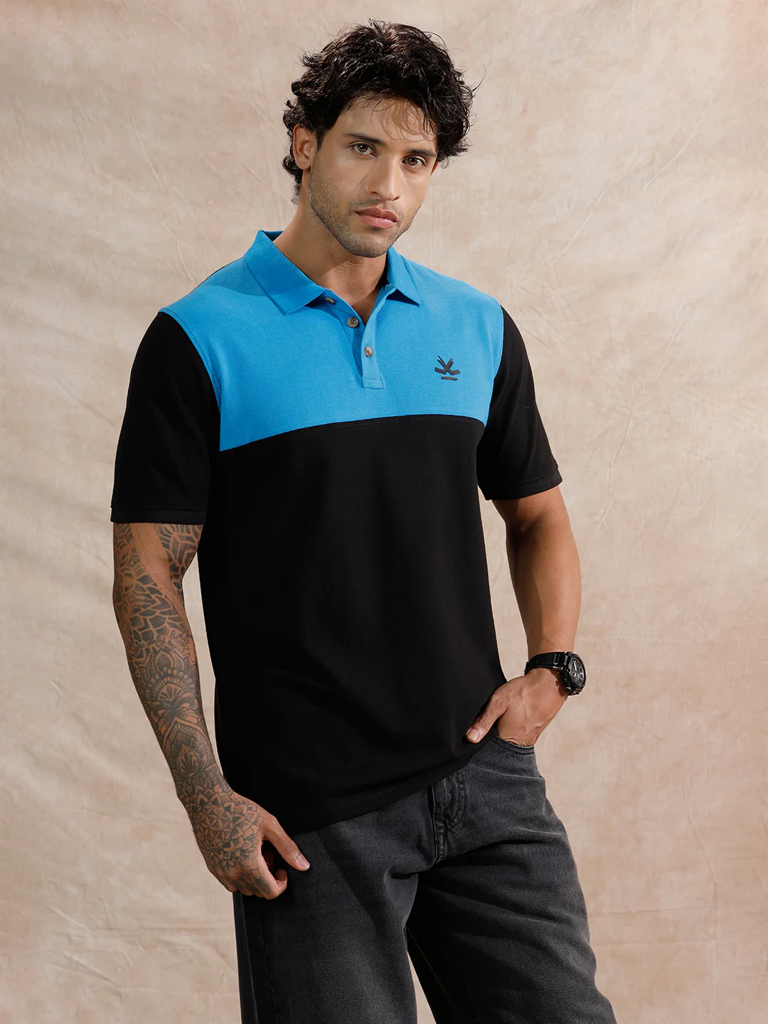 Contrast Colour Blocked Polo T-Shirt | Navy Blue - Image 4