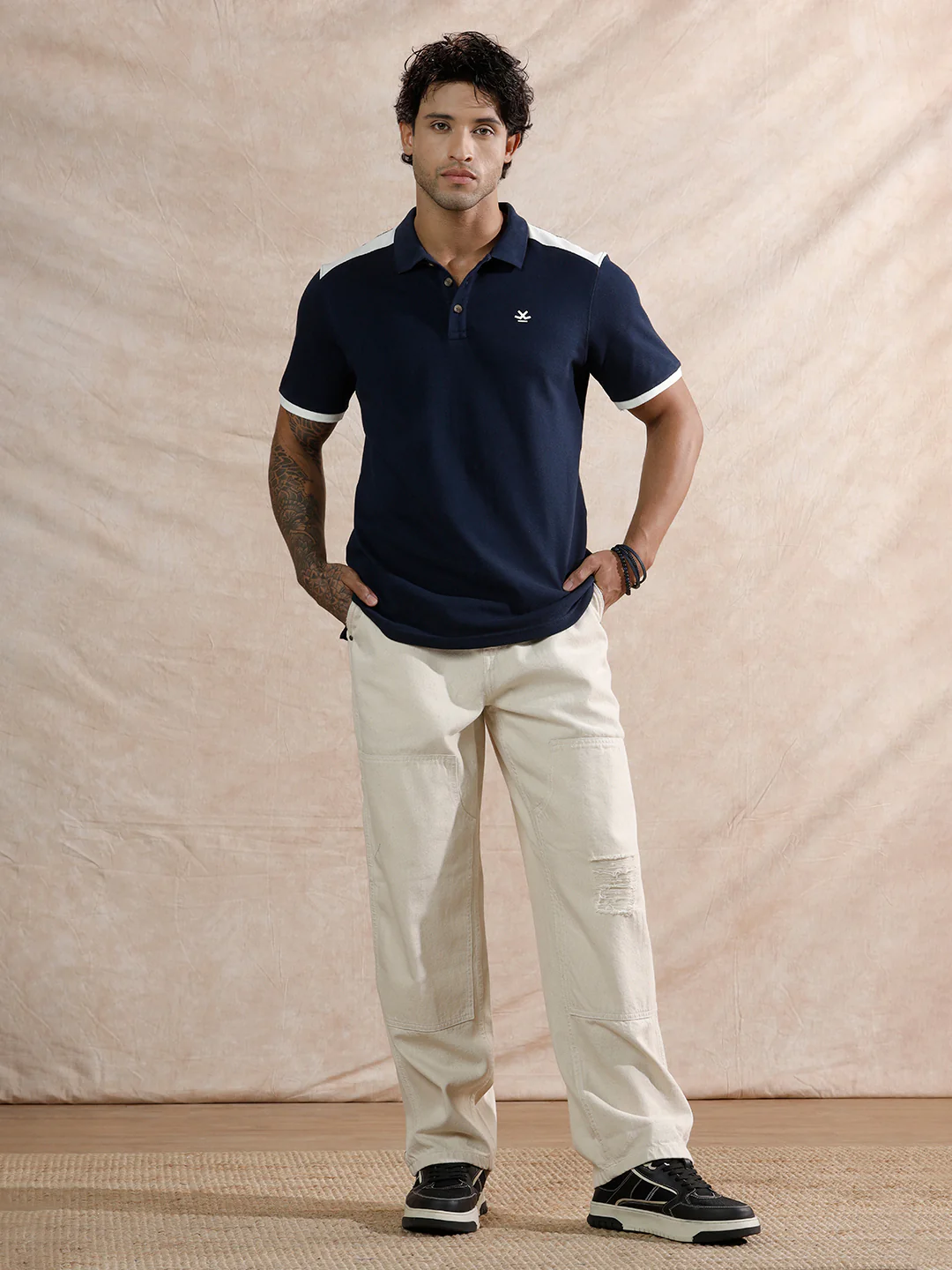 Contrast Colour Blocked Polo T-Shirt  | Navy Blue - Image 2