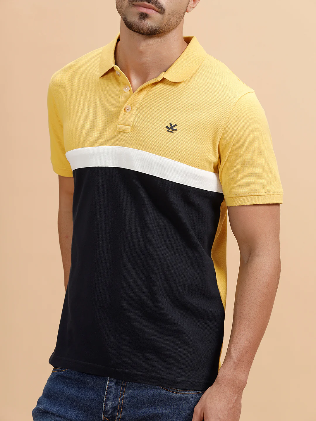 Contrast Cut & Sew Slim Fit Polo T-Shirt | Yellow & Navy - Image 5