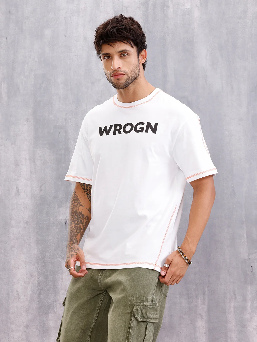 Contrast Flat Lock Detail Oversized Fit T-shirt With Print | White - Image 4