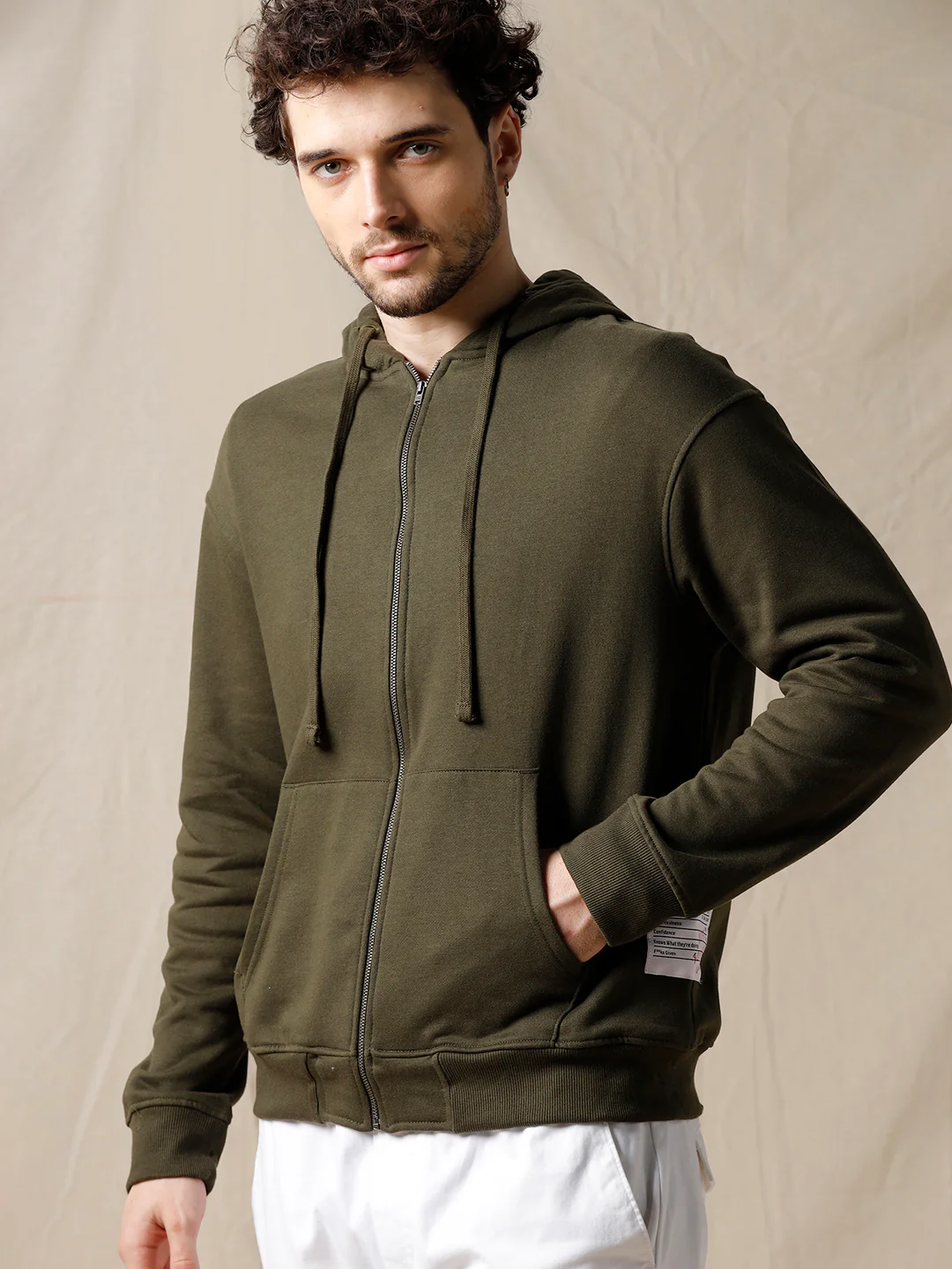 Contrast Full Zip Olive Hoodie - Image 6