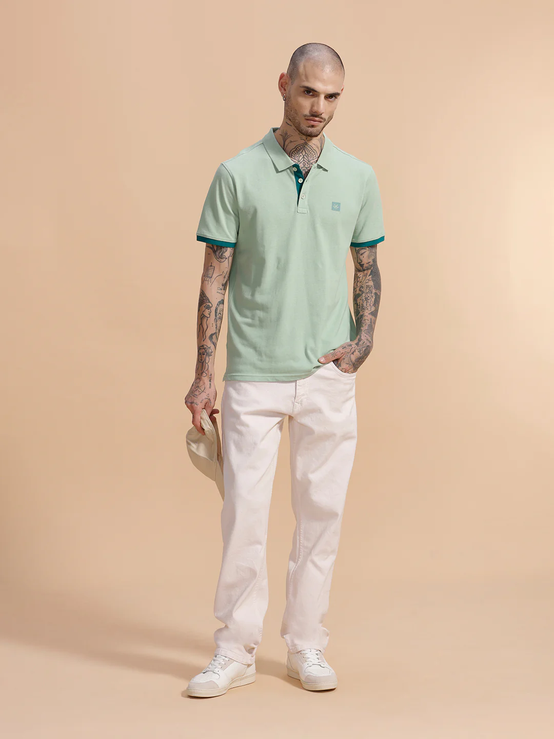 Contrast Rib Pique Polo T-Shirt | Beige - Image 2