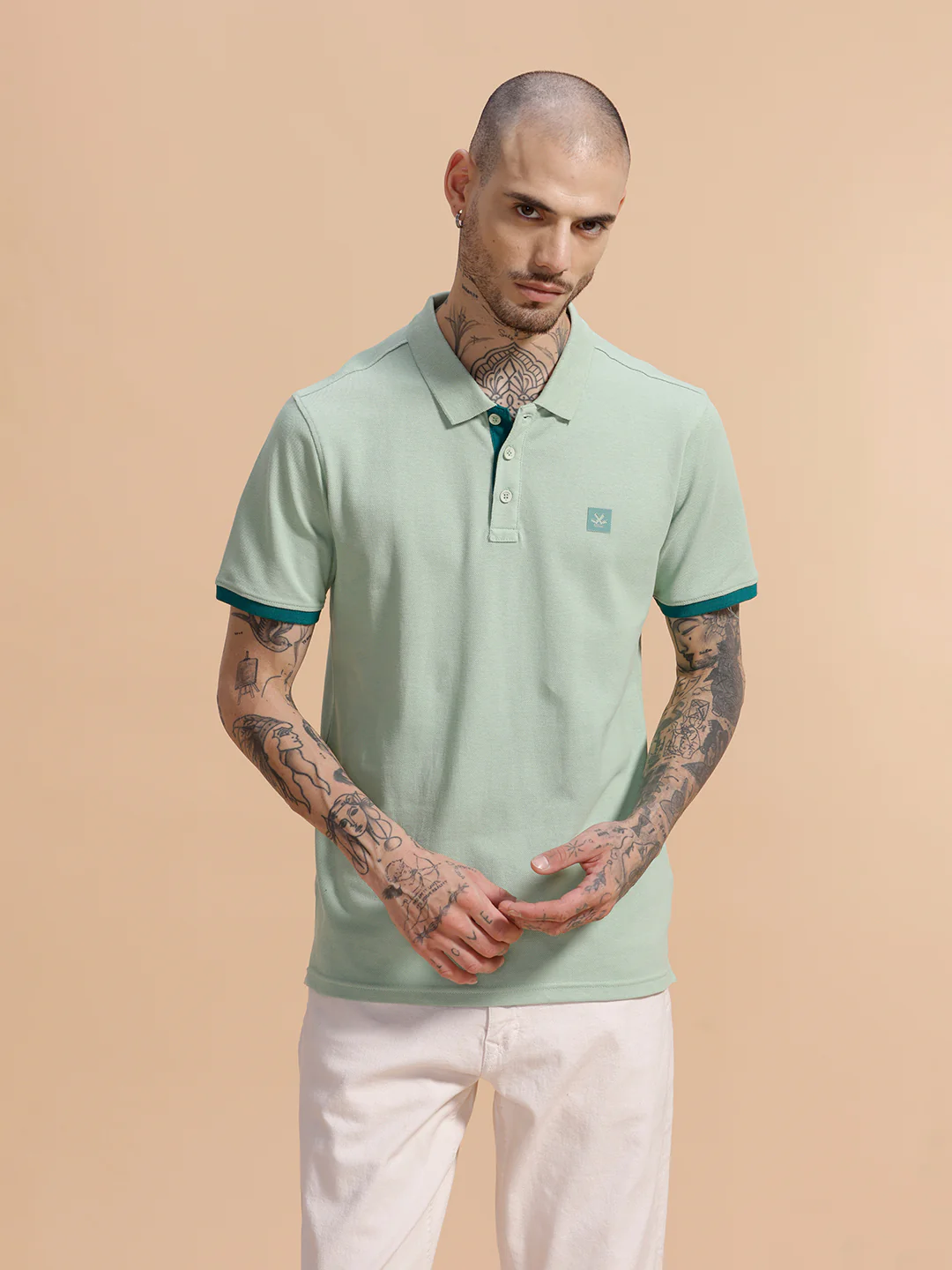 Contrast Rib Pique Polo T-Shirt | Beige - Image 3