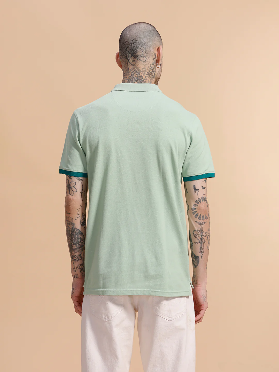 Contrast Rib Pique Polo T-Shirt | Beige - Image 4