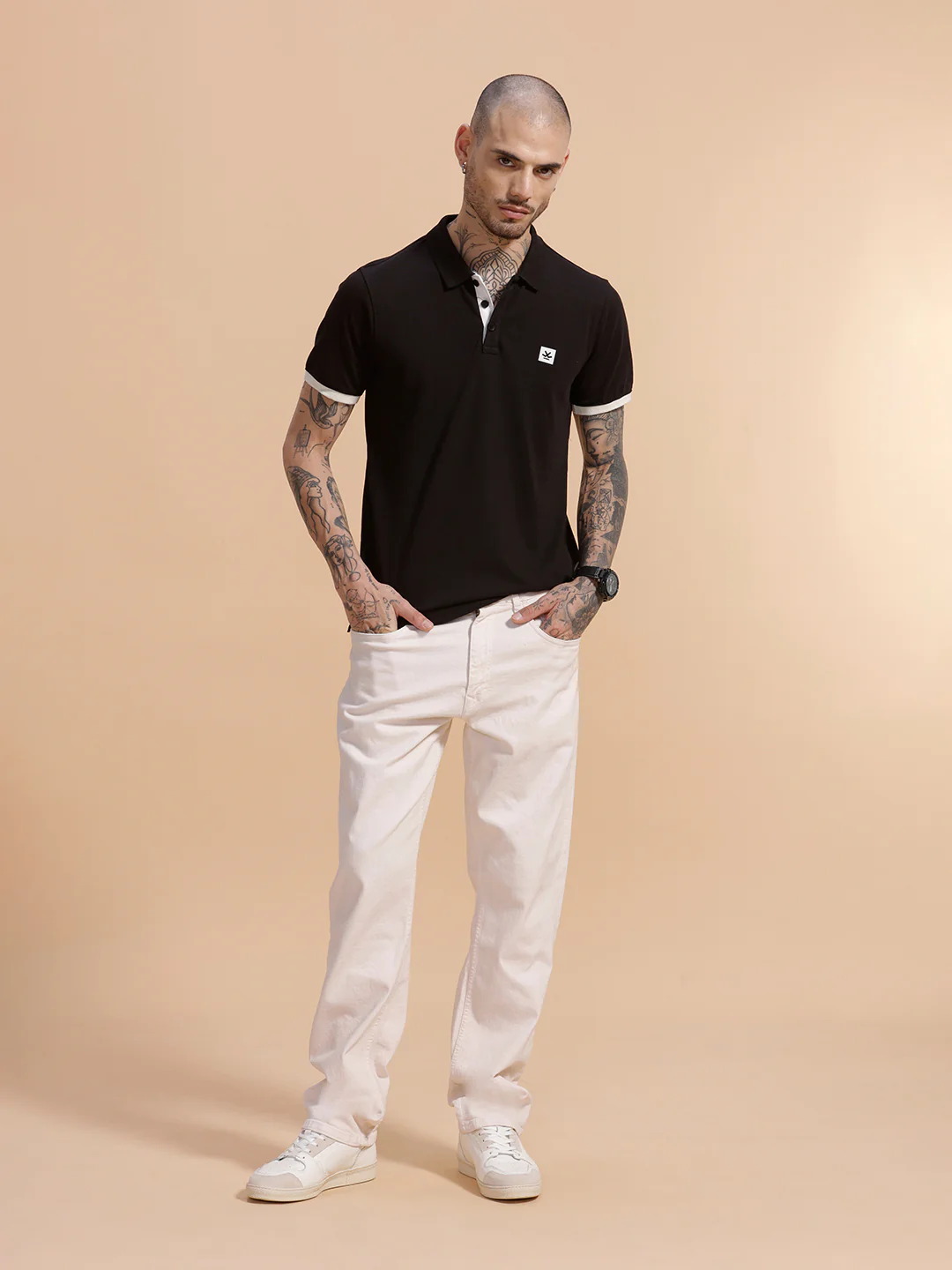 Contrast Rib Pique Polo T-Shirt | Black - Image 2