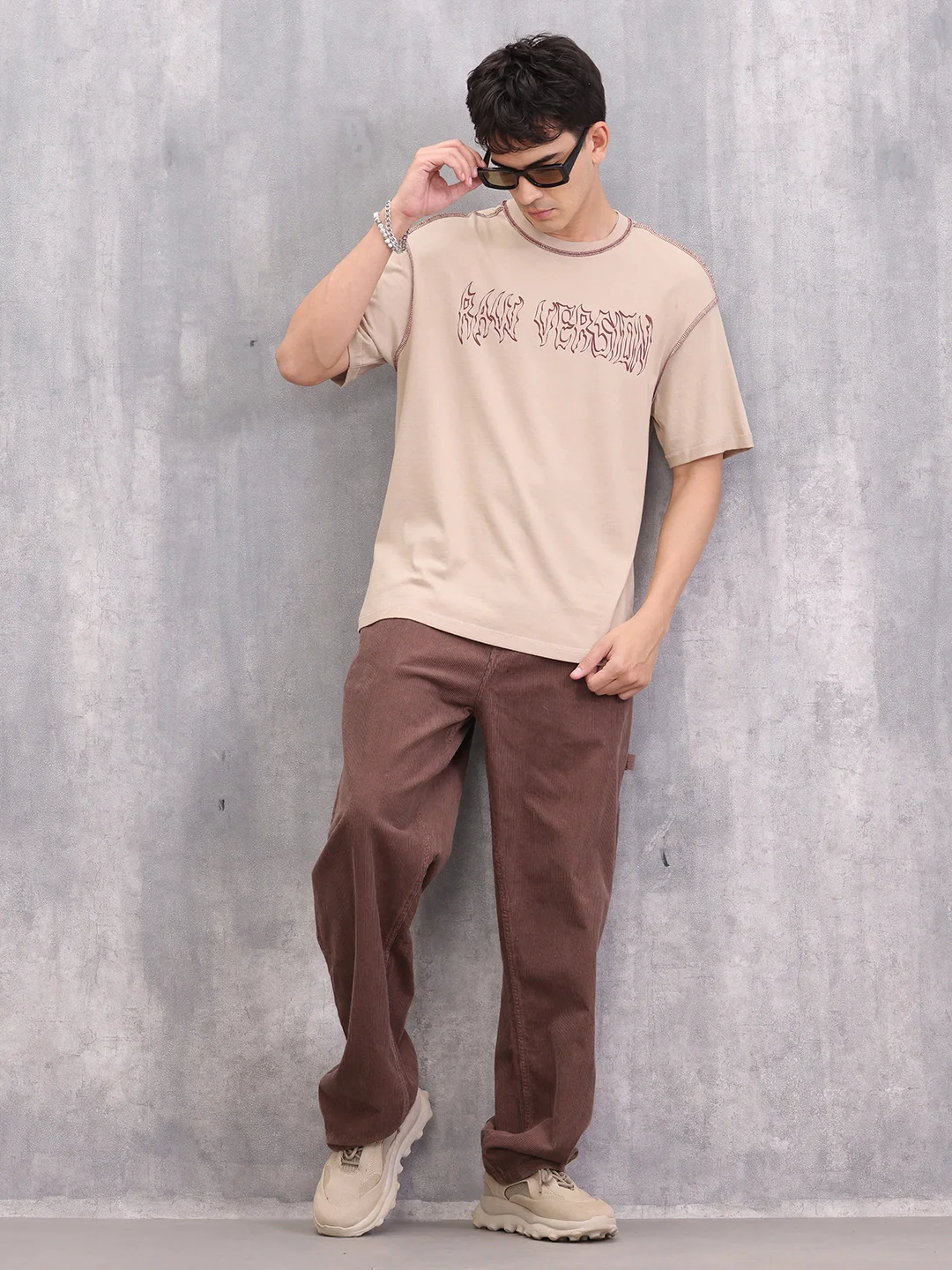 Contrast Stitch Detail Goth Inspired Oversized Fit T-shirt | Beige - Image 2