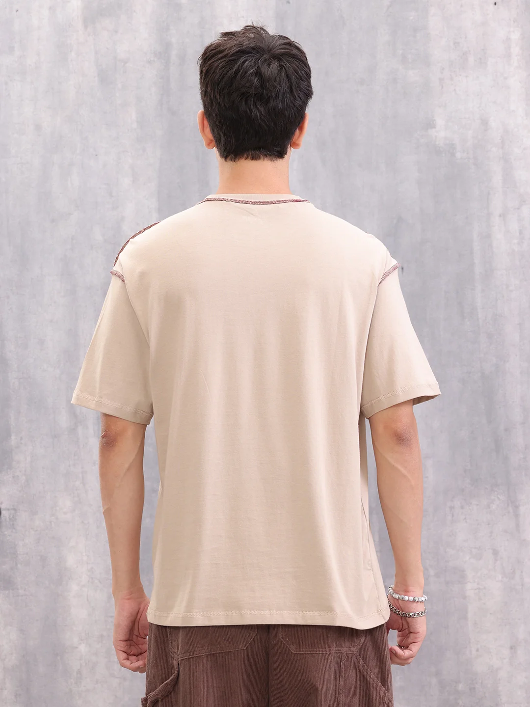 Contrast Stitch Detail Goth Inspired Oversized Fit T-shirt | Beige - Image 3