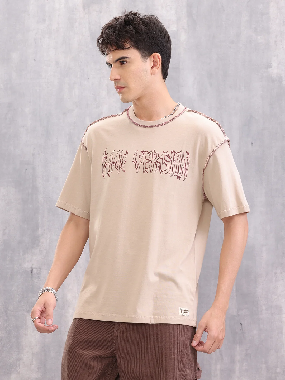 Contrast Stitch Detail Goth Inspired Oversized Fit T-shirt | Beige - Image 4