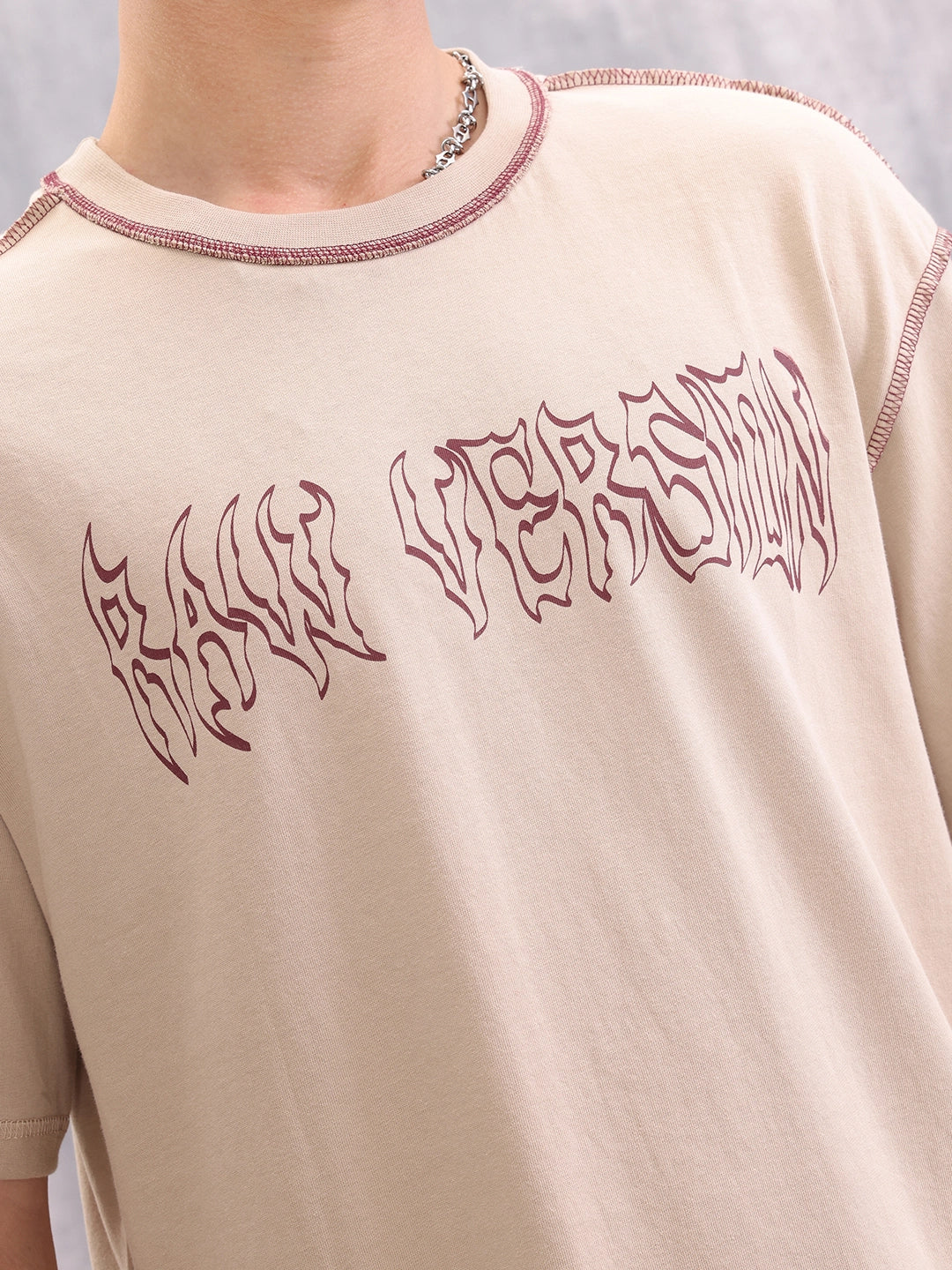 Contrast Stitch Detail Goth Inspired Oversized Fit T-shirt | Beige - Image 5