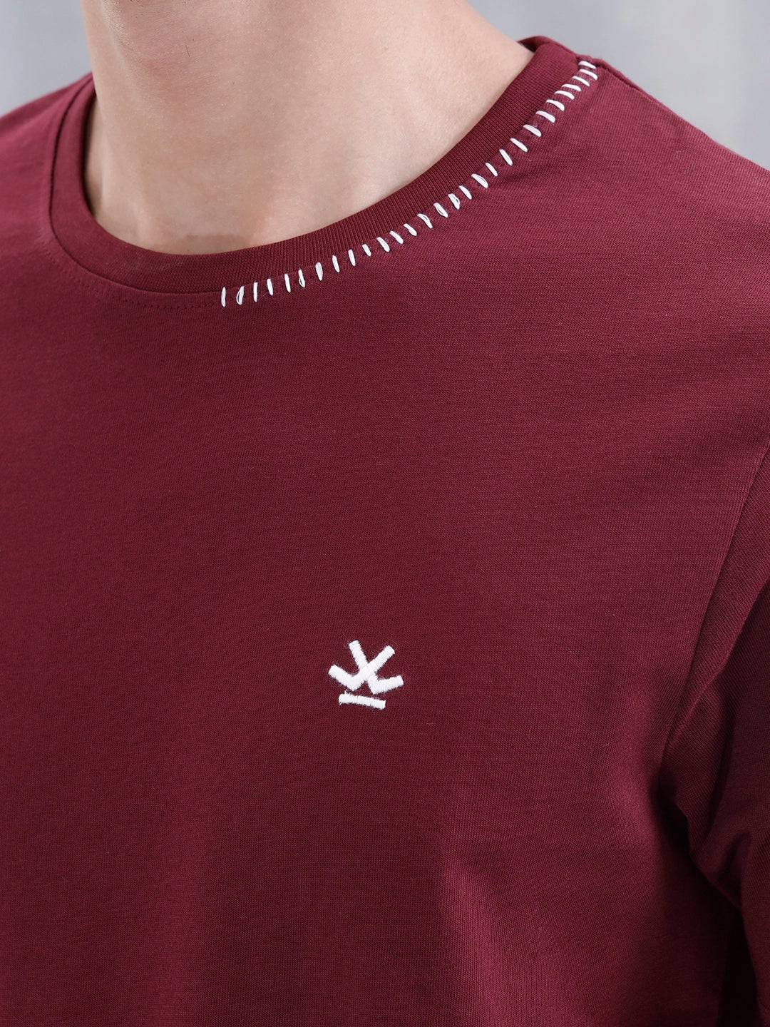 Contrast Stitch Slim Fit Cotton T-Shirt | Maroon - Image 5