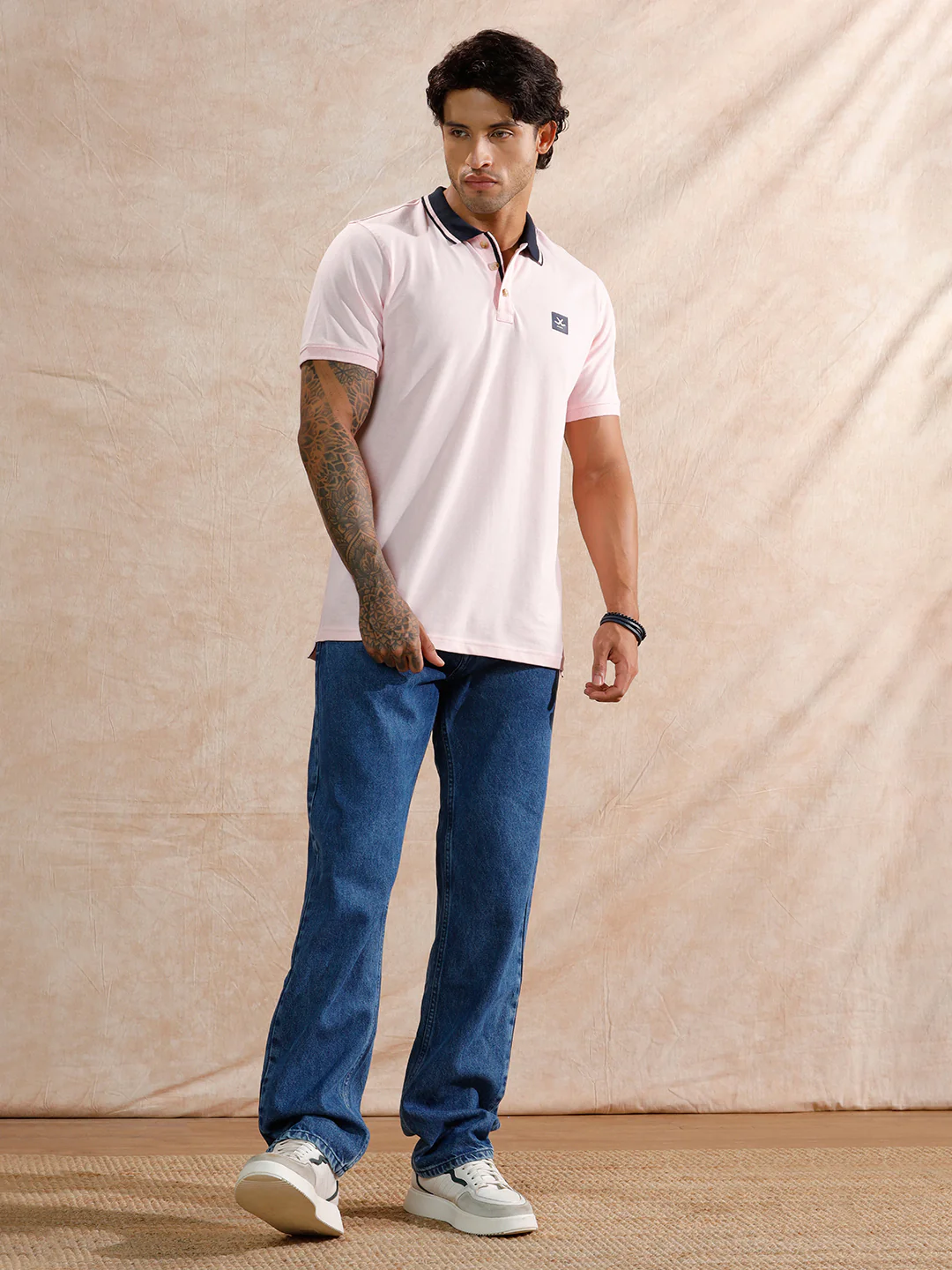 Contrast Striped Collar Polo T-Shirt | Light Pink - Image 2