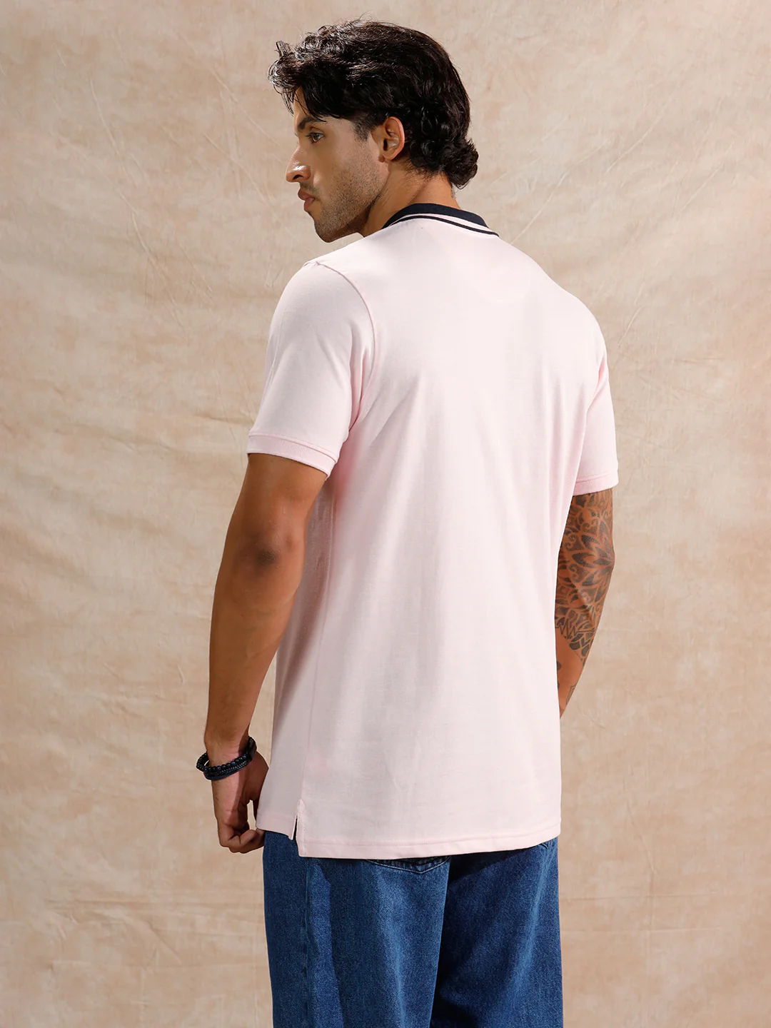 Contrast Striped Collar Polo T-Shirt | Light Pink - Image 3