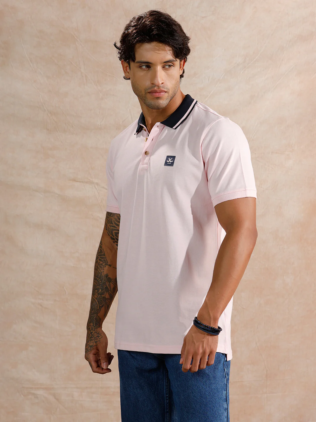 Contrast Striped Collar Polo T-Shirt | Light Pink - Image 4