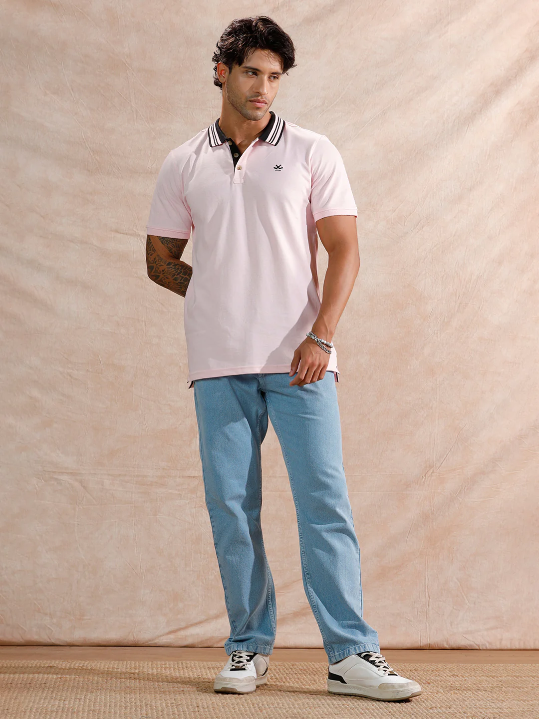 Contrast Striped Collar Polo T-Shirt | Light Pink - Image 2