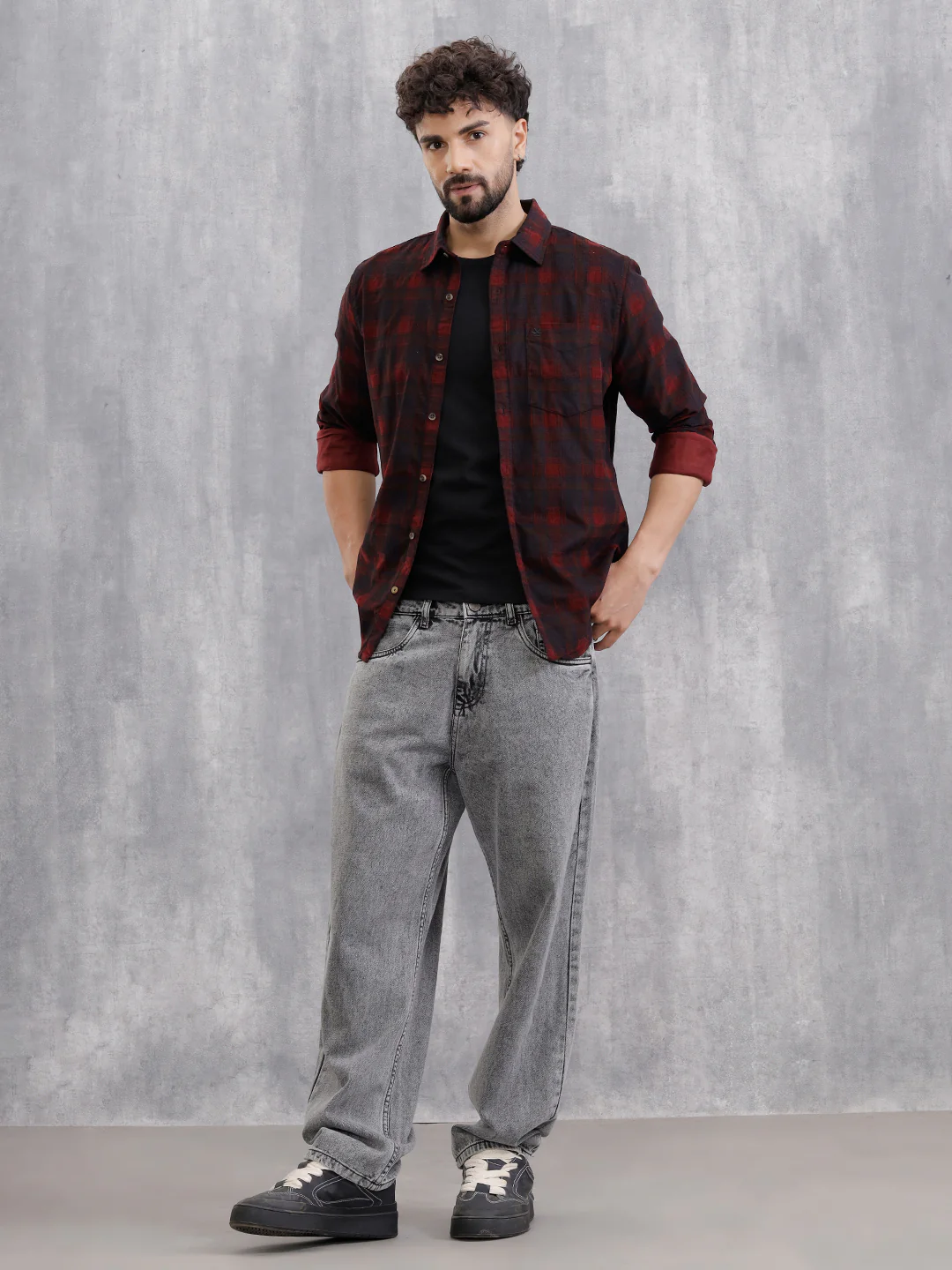Corduroy Check Printed Shirt In Slim Fit | Maroon - Image 2