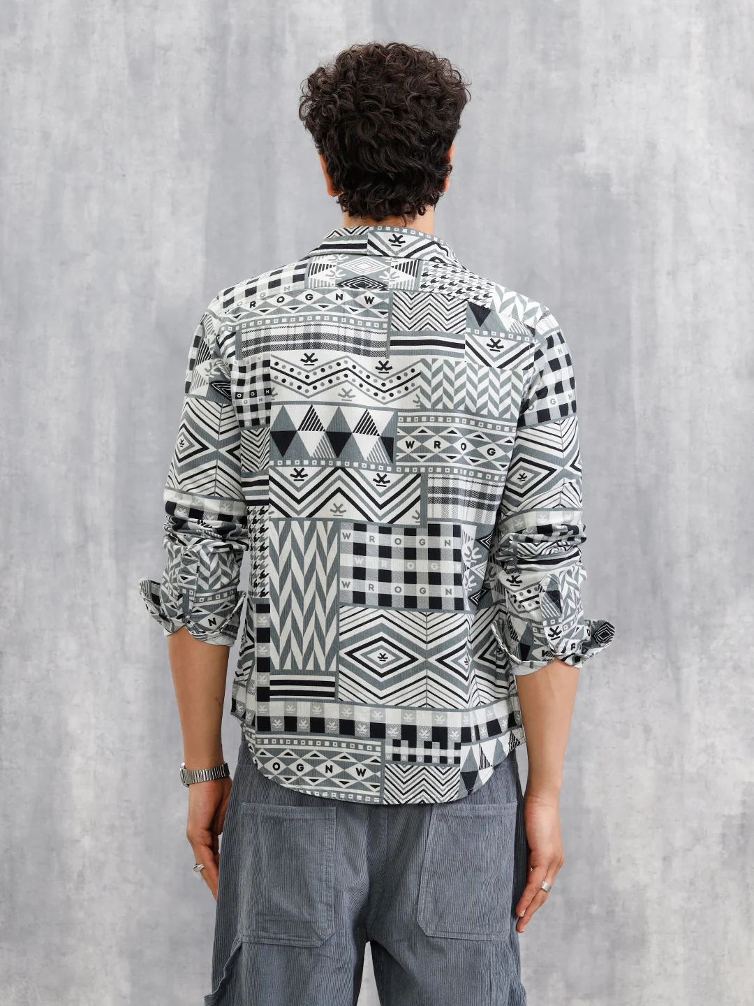 Corduroy Geometric Print Shirt In Slim Fit | Grey - Image 3