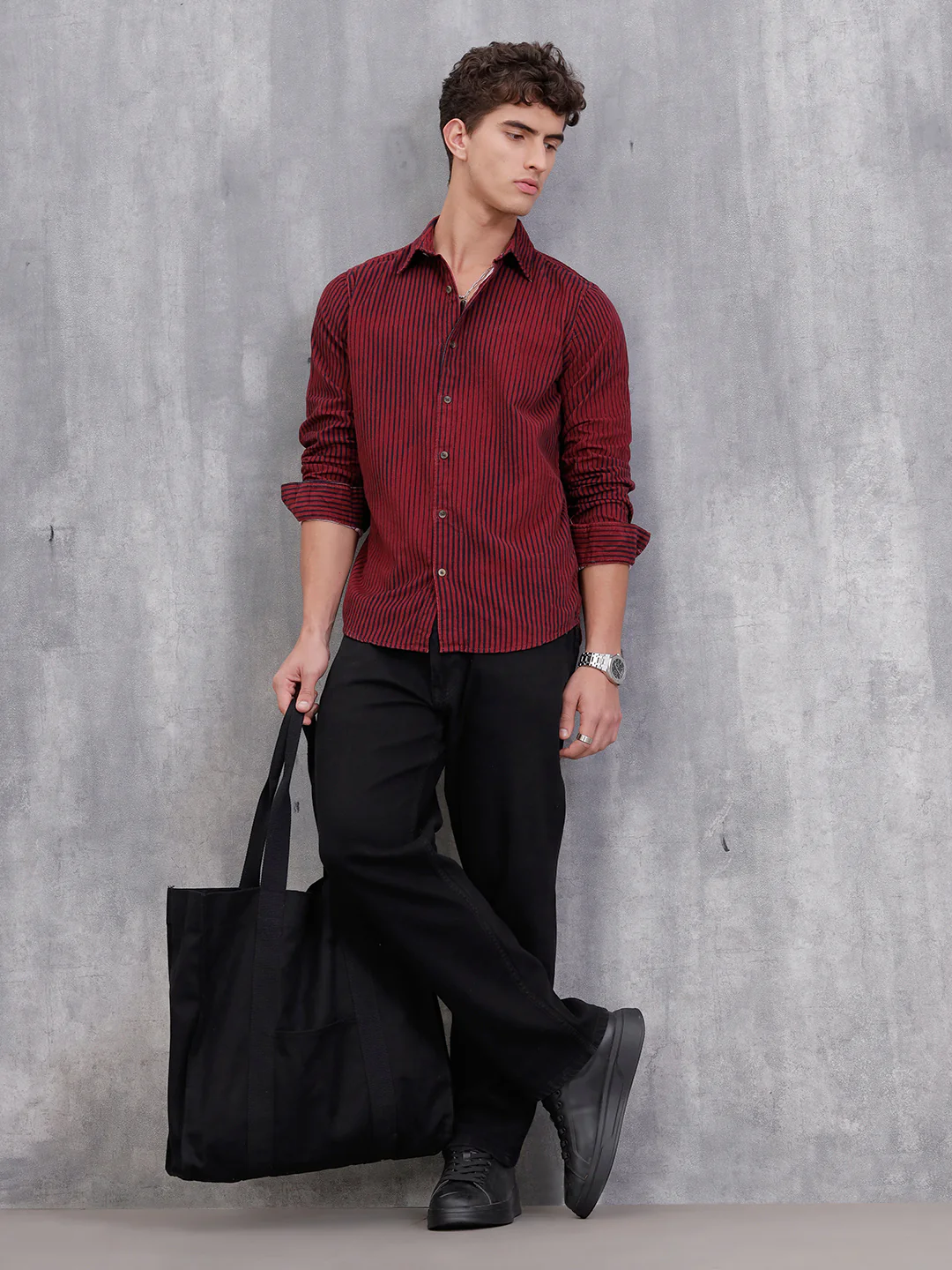 Corduroy Lenticular Stripe Print Shirt | Dark Maroon - Image 2