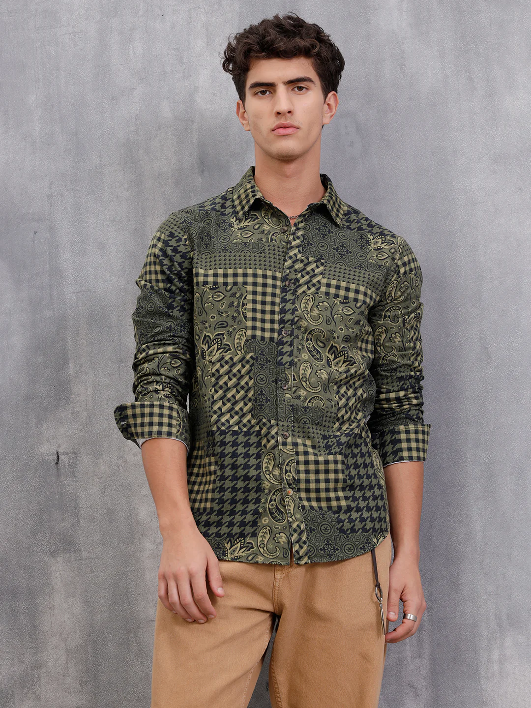 Corduroy Printed Shirt In Slim Fit | Olive - Image 2