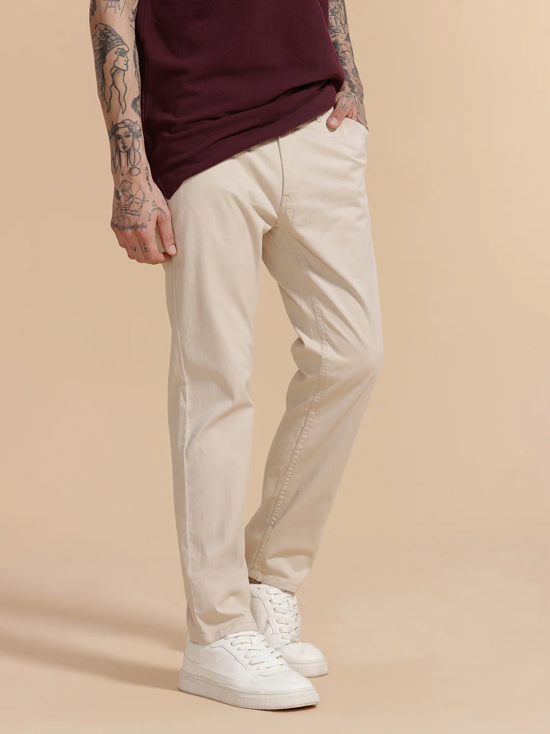 Cotton Blend Chino Trouser | Beige - Image 4