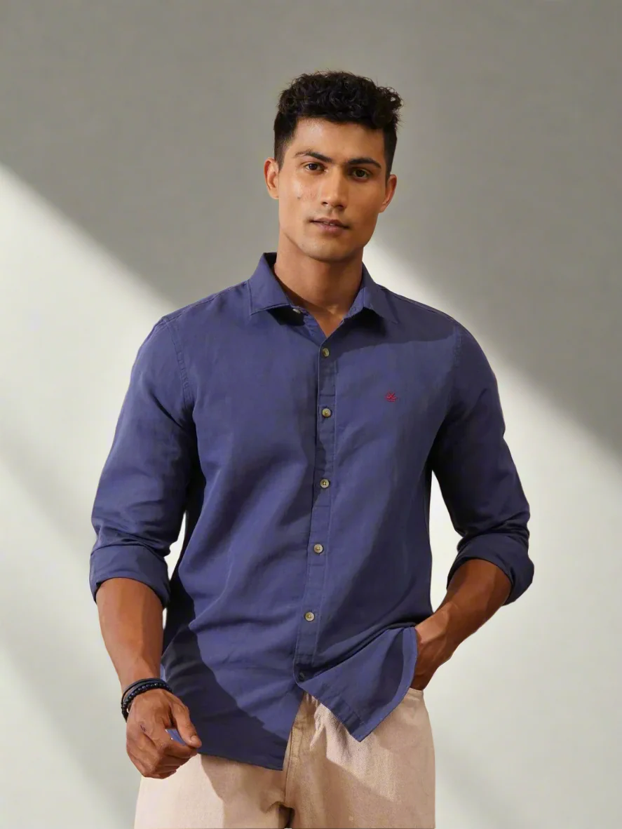 Cotton Linen Slim Fit Shirt | Dark Blue - Image 2