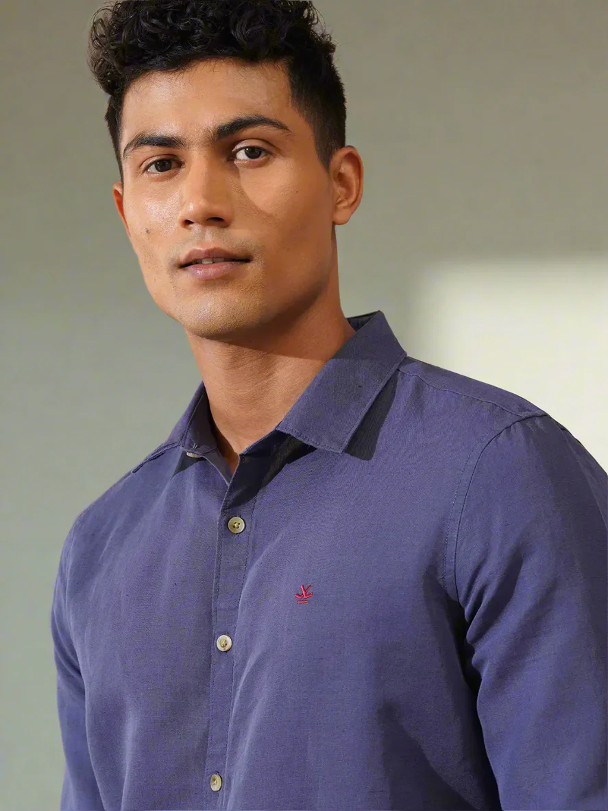 Cotton Linen Slim Fit Shirt | Dark Blue - Image 3