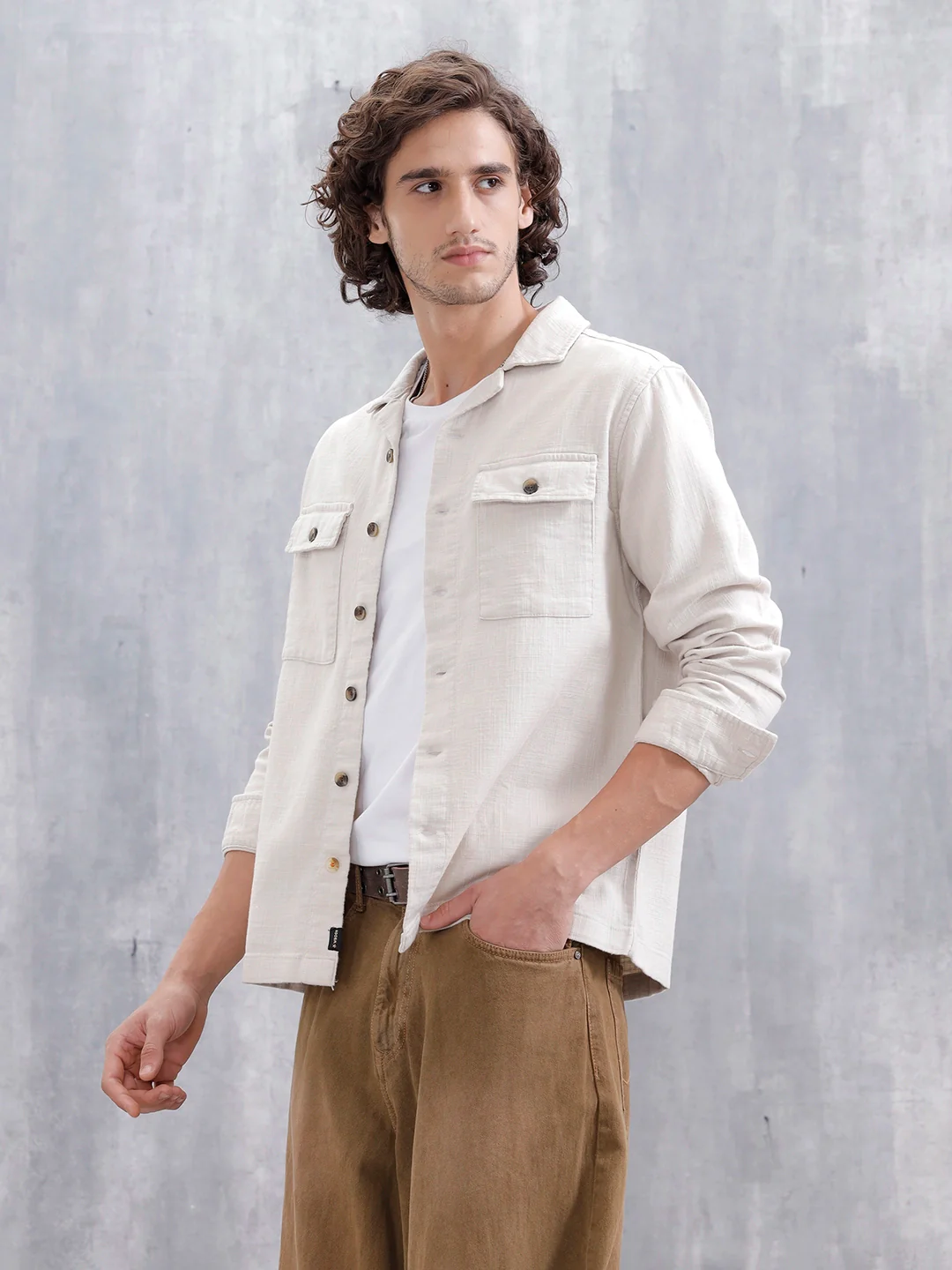 Cotton Slub Overshirt In Regular Fit | Beige - Image 4