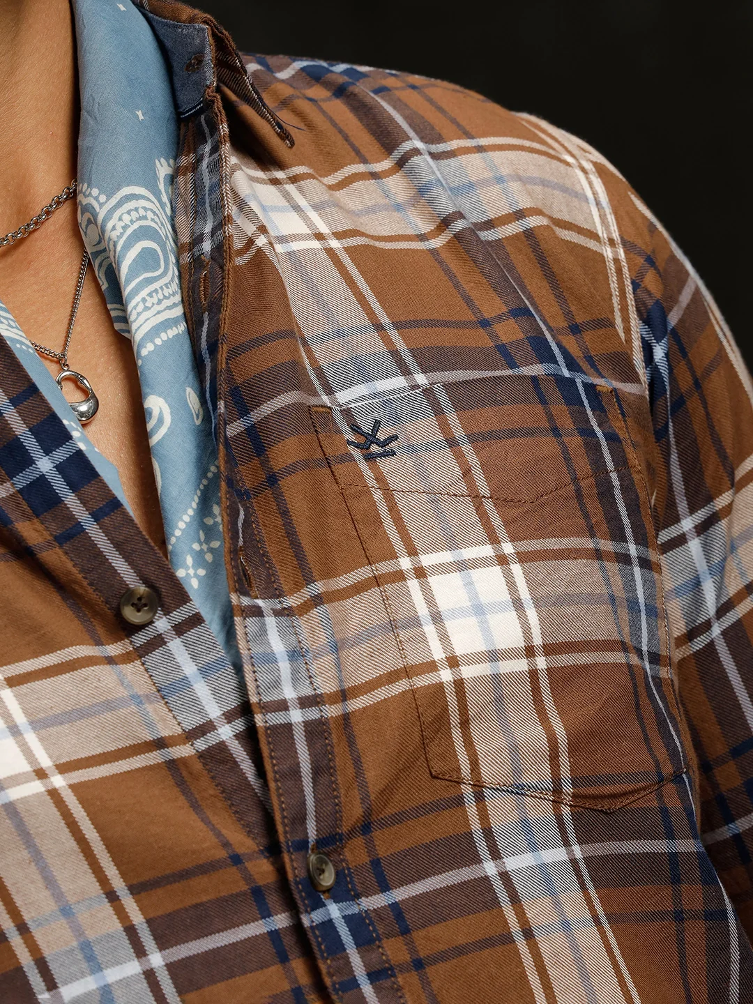 Cotton Twill Checked Shirt | Brown - Image 5