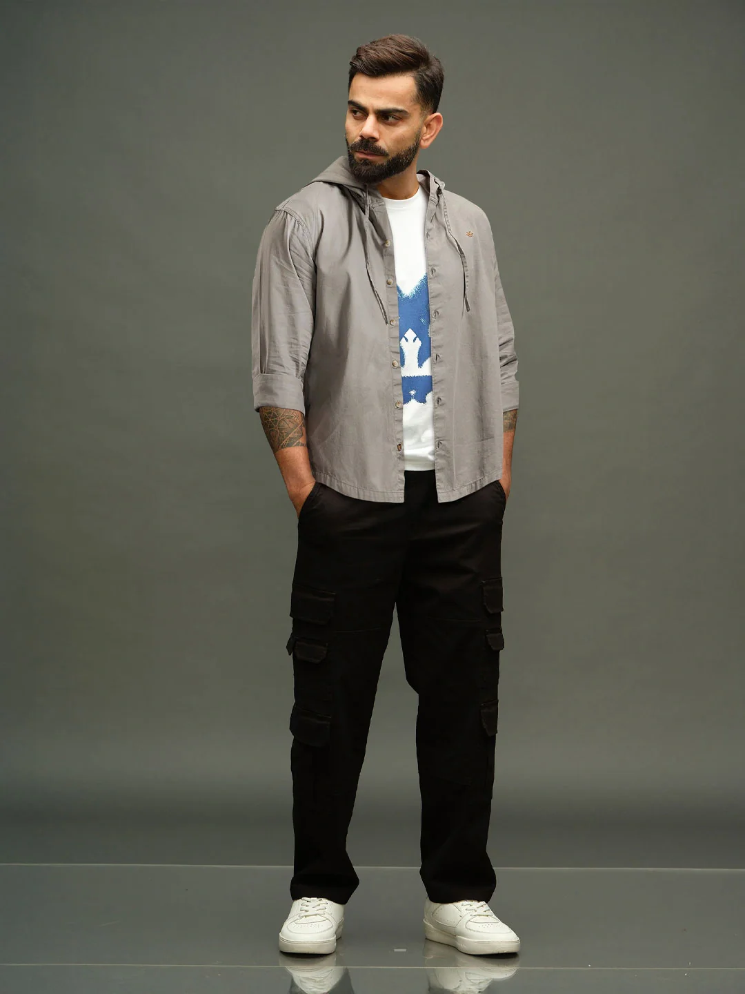 Cotton Twill Hoded Shirt | Grey - Image 2