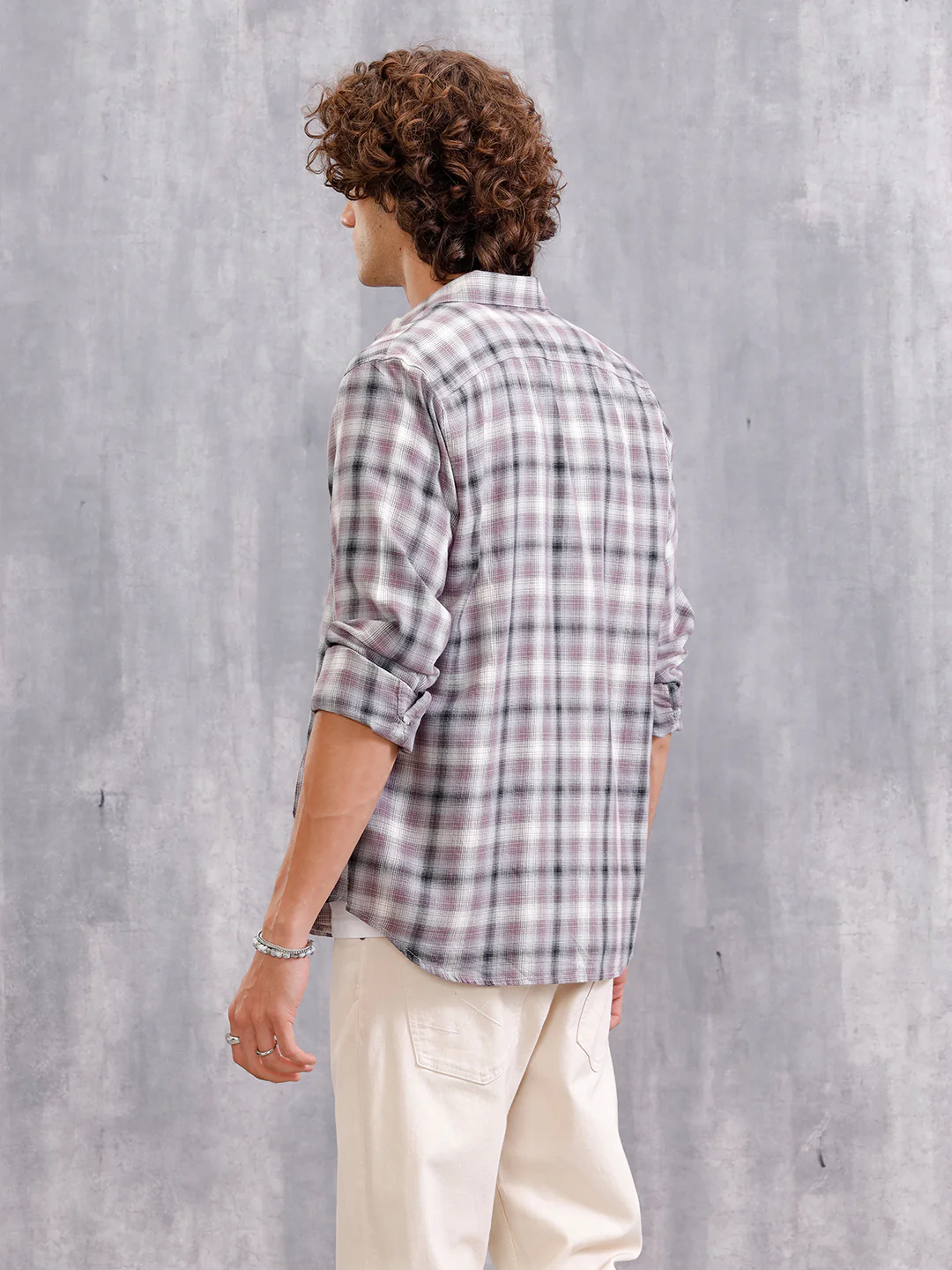 Cotton Twill Shadow Check Shirt In Slim Fit | Grey - Image 3