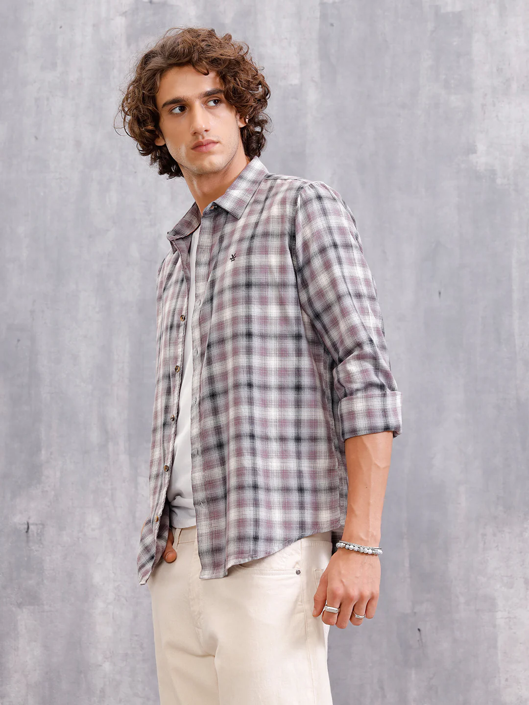 Cotton Twill Shadow Check Shirt In Slim Fit | Grey - Image 5