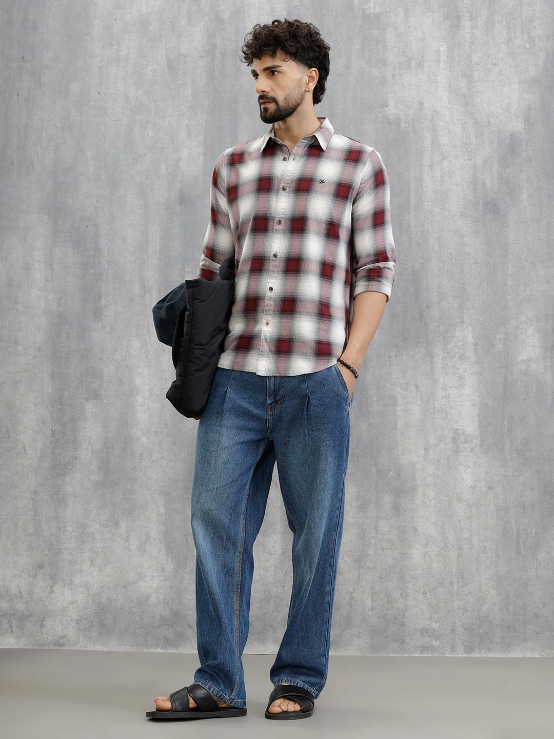 Cotton Twill Shadow Check Shirt In Slim Fit | Wine - Image 2