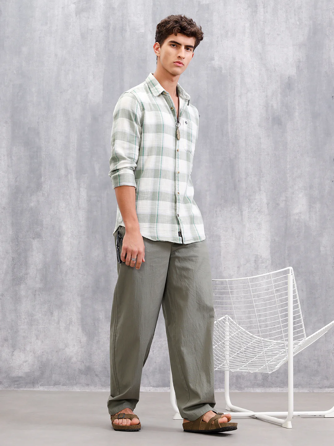 Cotton Twill Slub Checks In Slim Fit | Green - Image 2