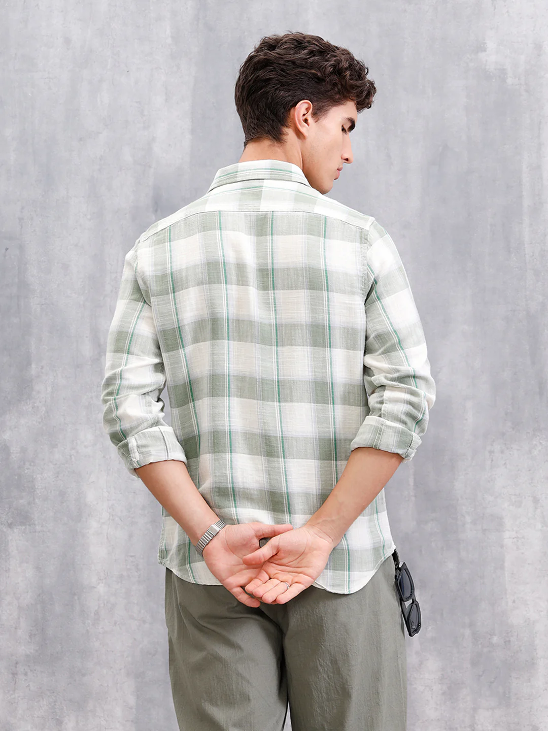 Cotton Twill Slub Checks In Slim Fit | Green - Image 3